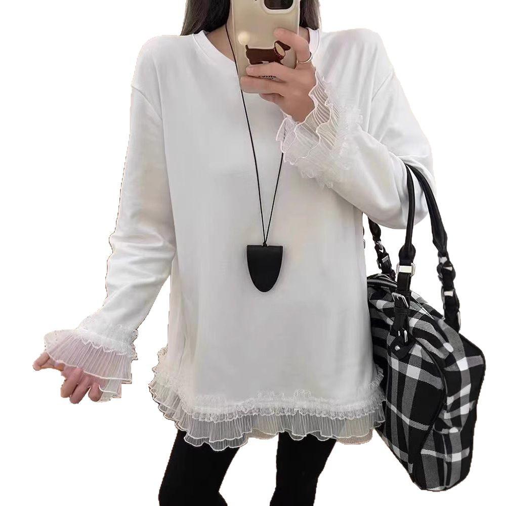 Plus Size Women's White Lace Embroidered T-shirt, Spring 2025 Collection: Loose Fit, Versatile Outerwear Top