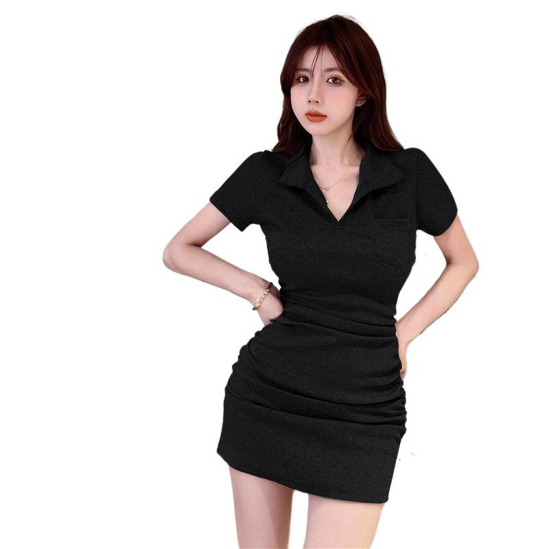 Slim-Fit Polo Collar Dress for Women, One-Piece Bodycon A-Line Skirt, 2026 Summer Trend, Solid Color.