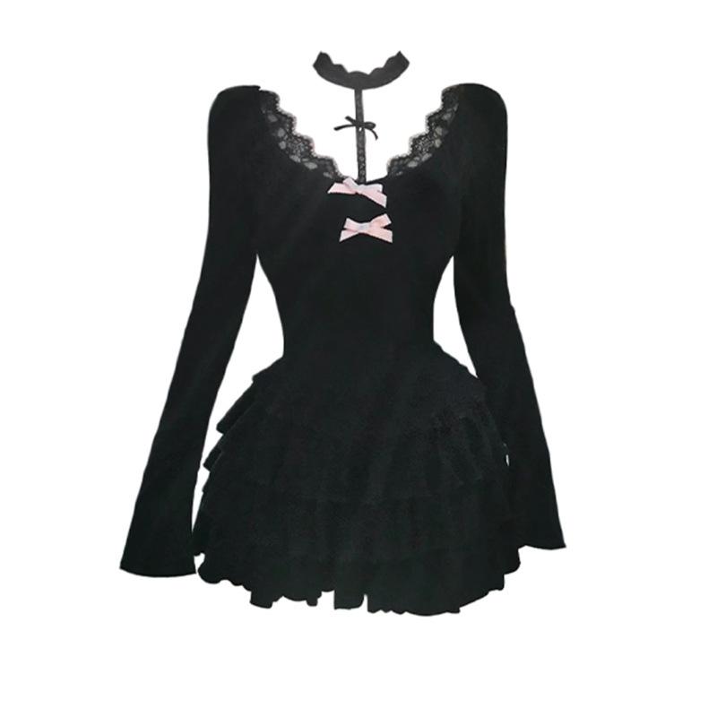 

Neck black v-neck lace long-sleeved dress for women s autumn and winter slim-fitting sexy pure desire spice girl with hip-wrapped skirt S чёрный