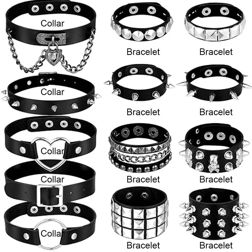 

13 Piece Punk Rock Pu Leather Collar Bracelet Set, Suitable For Men And Women, Hip Hop Band Style, Halloween Gift