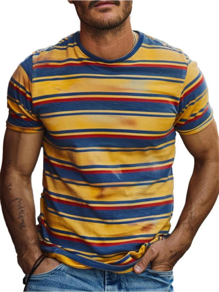 Men's T-Shirt Color Stripe Fashion Design 3D Printed Top Casual Daily Street Wear Summer Simple Short Sleeved Men's Y2k Clothing