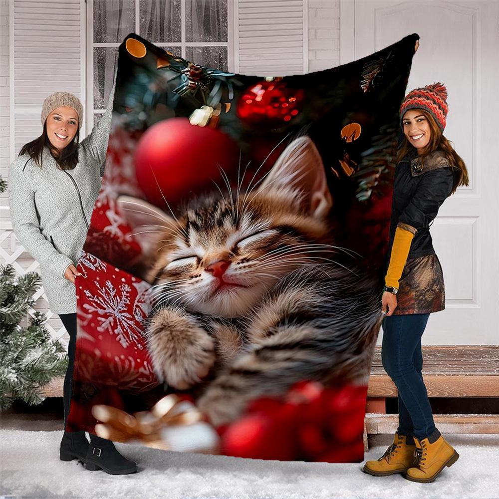 1pc Christmas Kitten Outdoor Flannel Blanket Soft All Season Polyester Throw , Perfect for Picnics & Travel , Picnic Accessory