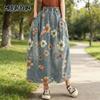 Spring Autumn Women Midi Denim Skirt Elastic Waist Floral Print Vintage Skirt Retro Elegant Ladies's Skirt With Pockets