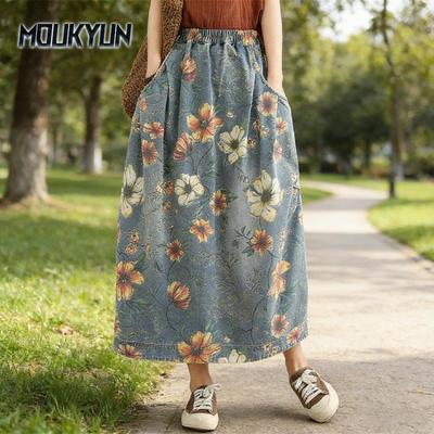 Primavera Autunno Donne Gonna Midi in Denim Vita Elastica Stampa Floreale Gonna Vintage Retro Elegante da Donna Con Tasche