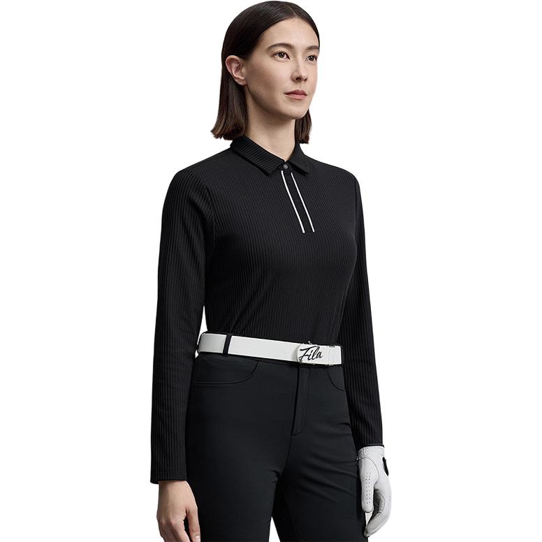 Fila Golf Series Simple Trendy Fashion Versatile Casual Sports Training Comfortable Knitted Long Sleeve Polo Shirt Women Tops Deep-Black A11W545212FBK