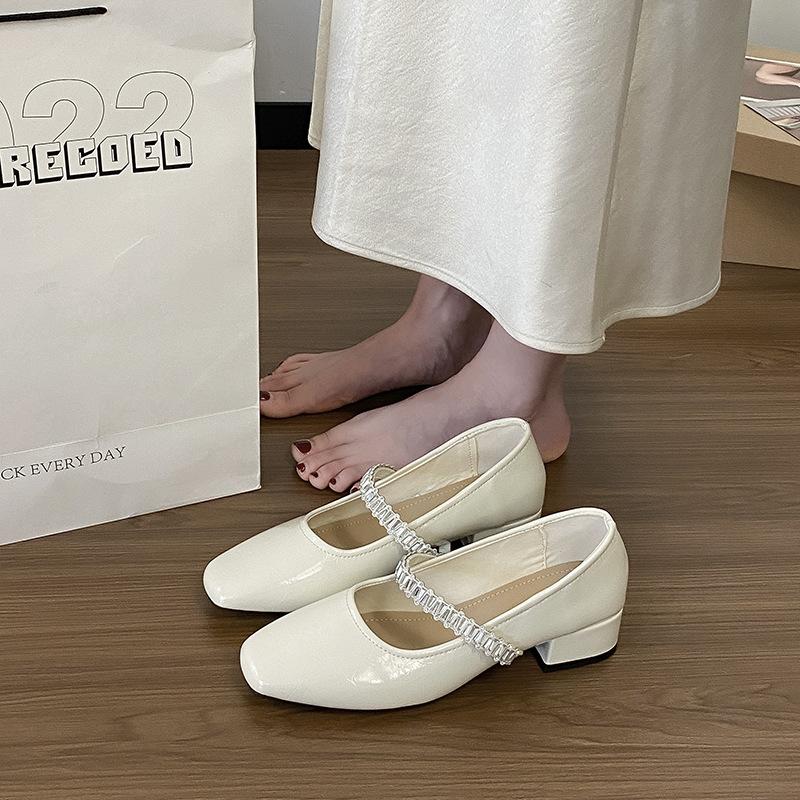 French elegance temperament rhinestone square head single shoes women's 2025 autumn new fairy style with skirt thick heel Mary Jane shoes