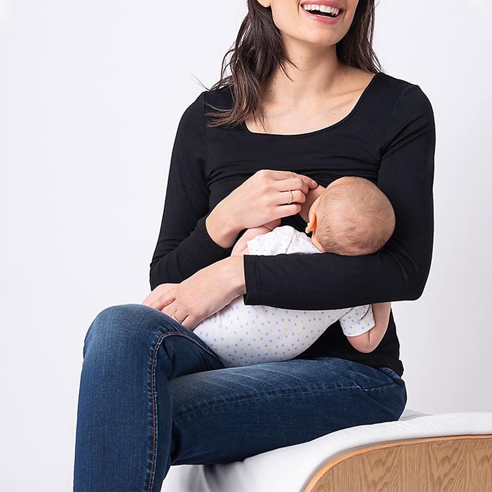 Women s Round Neck Long Sleeve Maternity Nursing Top Slim Casual Solid Color Basic Tee Shirt S чёрный