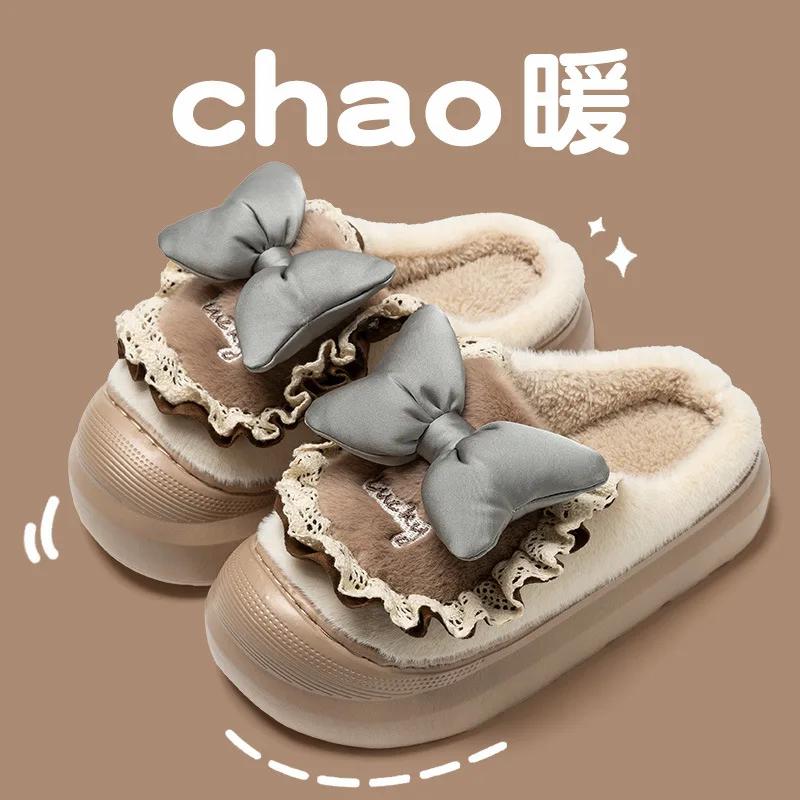 Fashion Women Cotton Slippers Girls Winter Bows Waterproof Warm Plus Velvet Slides Outdoor Warm Fluffy Slides Indoor Soft Plush Slippers