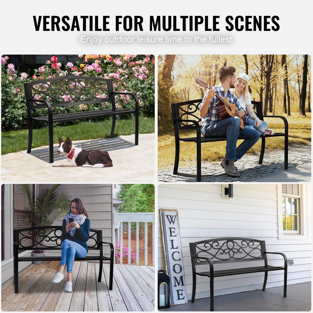 VEVOR Outdoor Bench, 50 inches Metal Garden Bench for Outdoors, 550 lbs Load Capacity Bench, Outdoor Garden Park Bench with Backrest and Armrests