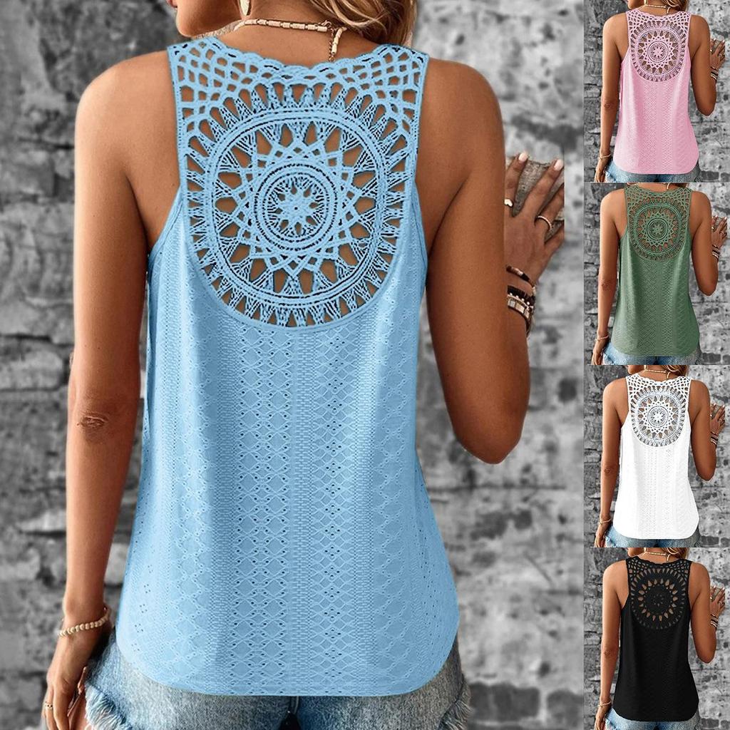 Summer Sleeveless V-Neck Hollow Out Vest with Lace Detailing