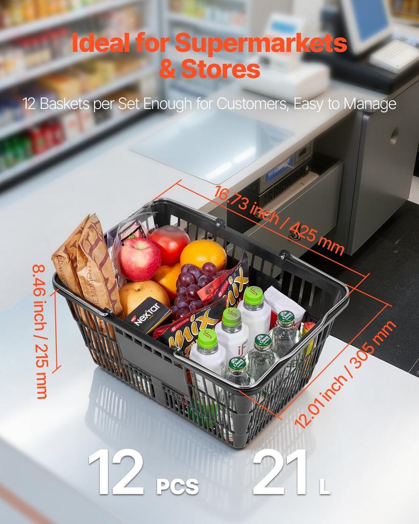 Shopping Baskets, 12 PCS, 21L Stackable PE Plastic Grocery Baskets with Handles, Dense Mesh Structure, Holds up to 9.07kg, Portable for Grocery,