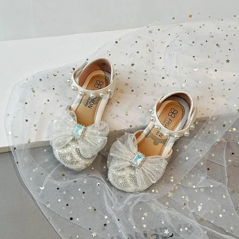 

Милые туфли принцессы с кристаллами для девочек на вечеринку, свадьбу, шоу, лето 2024, новые туфли с бантом и жемчужной сеткой, элегантный темперамент 26