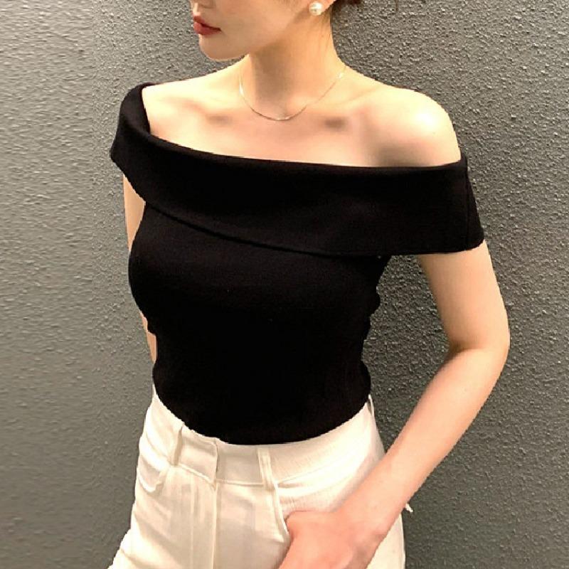 Summer New Temperament Small Sexy One-line Neck Off-the-shoulder Slimming Striped Short-sleeved Sweater Top Woman