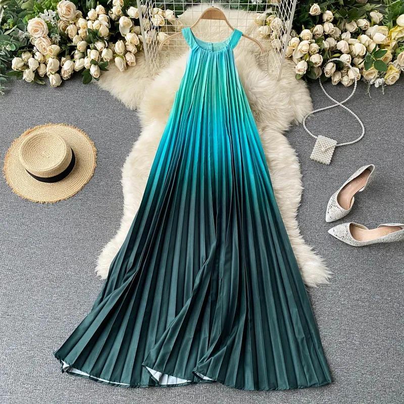 

Summer Vacation Beach Tank Dress Sexy O-neck Rainbow Color Gradient Pleated Oversize Dresses for Women One Size зелений