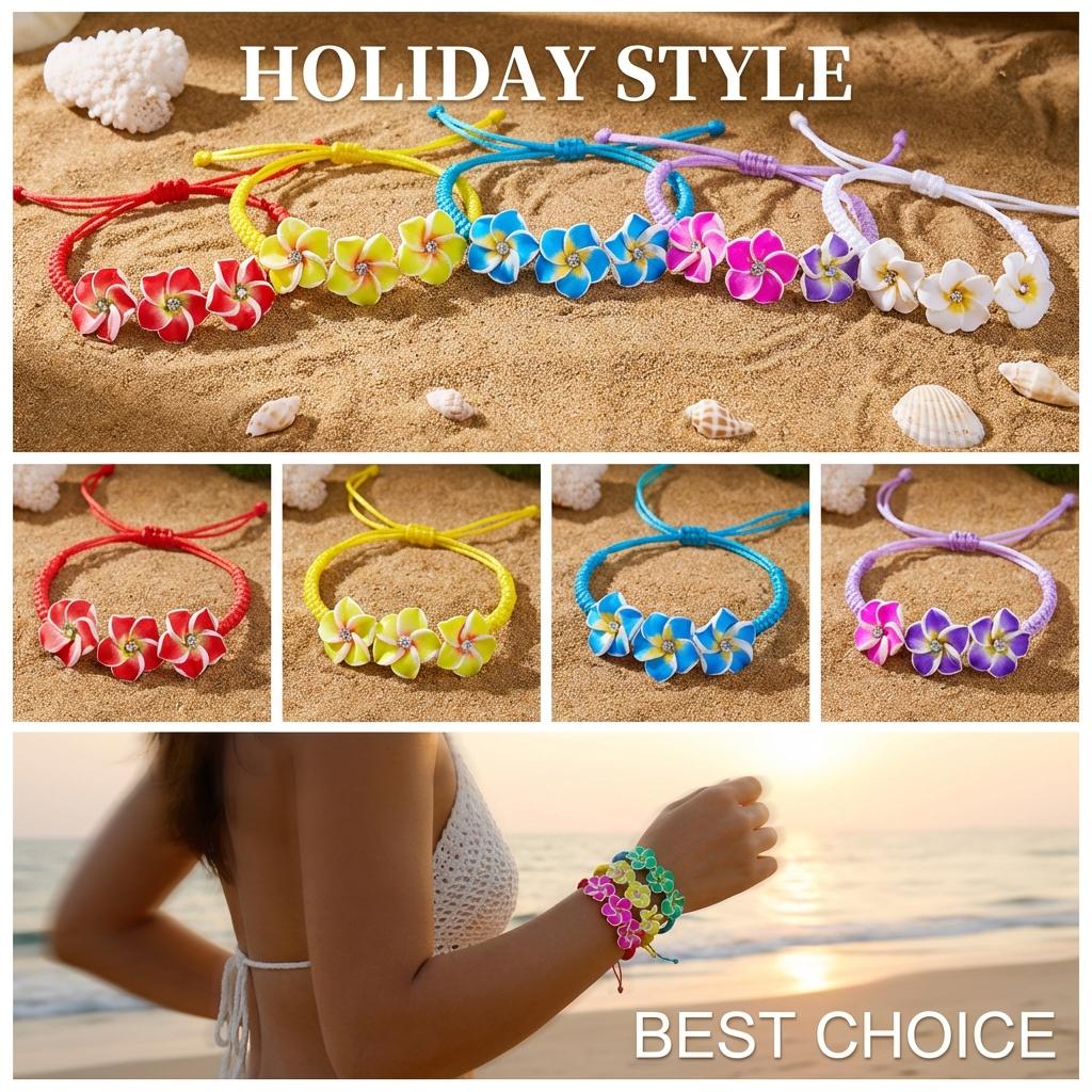 Boho Plumeria Flower Bracelet for Women Polymer Clay Hawaiian Frangipani Charm Braided Rope Bracelets Summer Beach Jewelry Gift