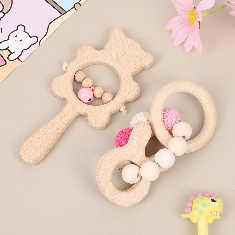 

New Baby Teething & Chewing Set: Beech Wood Bear Rattle & Animal Wristband