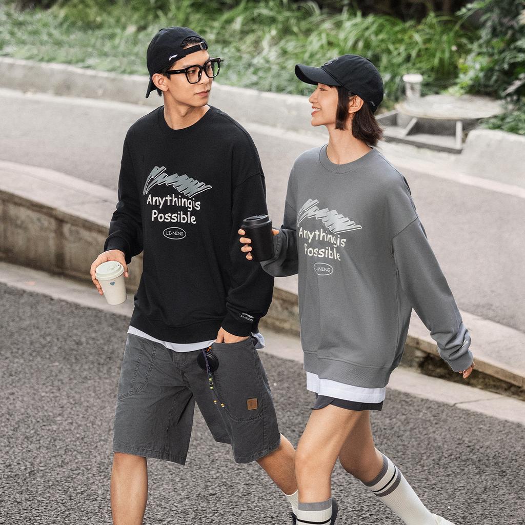 Li Ning Sports Fashion Series Comfortable Casual Letter Print Loose Round Neck Sweatshirt Unisex sweatshirt Asphalt-Gray AWDUE93-4