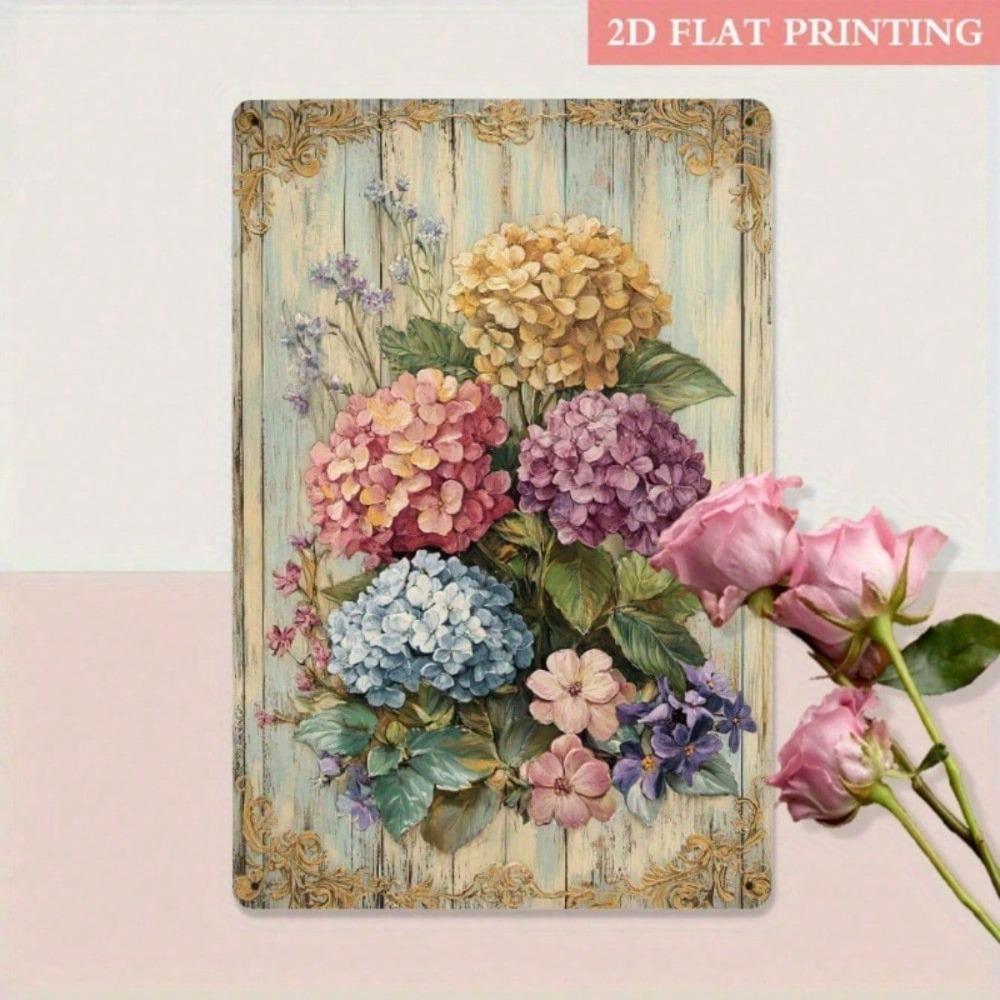 1pc Retro Metal Tin Sign, Vibrant Hydrangea Bouquet with Golden Accents, Vintage Floral Art, Rustic Farmhouse Wall Decor, 2D Flat