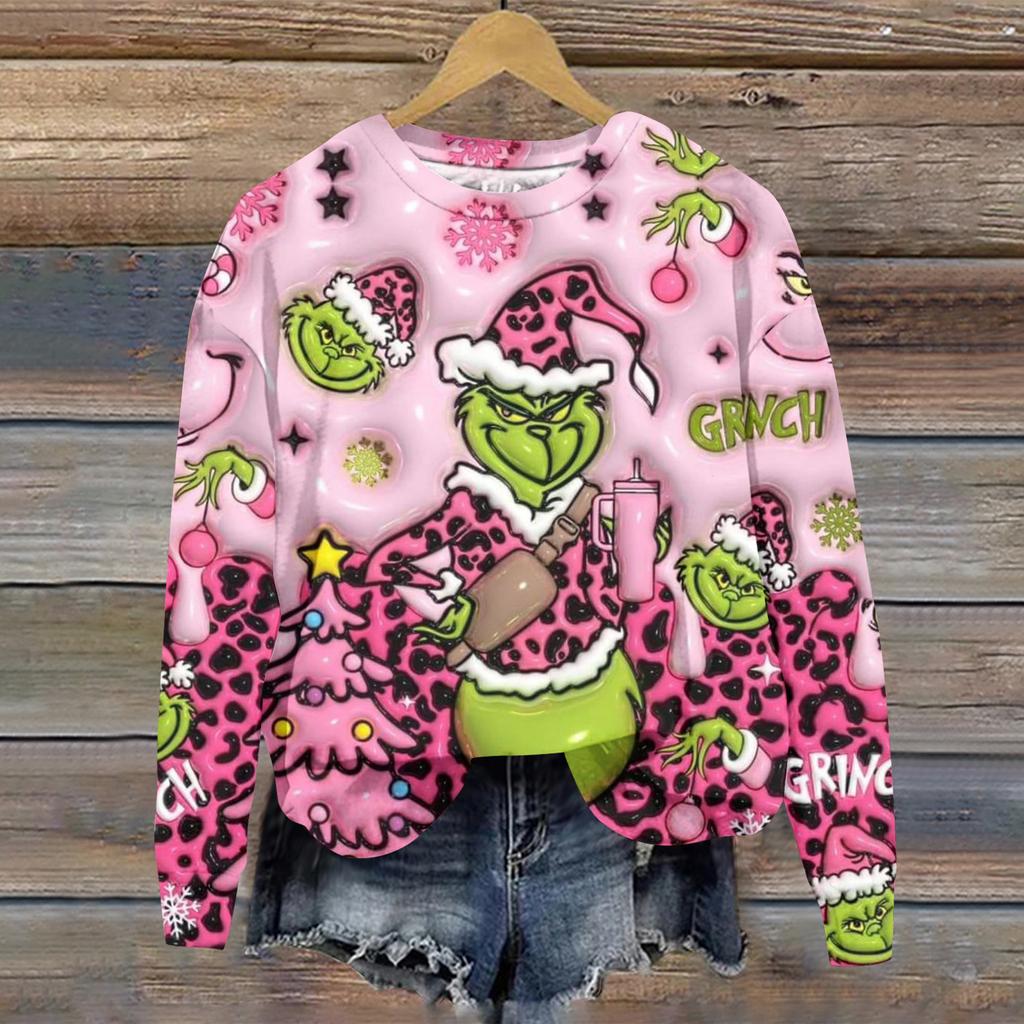 Hanorac sport casual de damă cu mânecă lungă și gât rotund, cu imprimeu Greentown de Crăciun