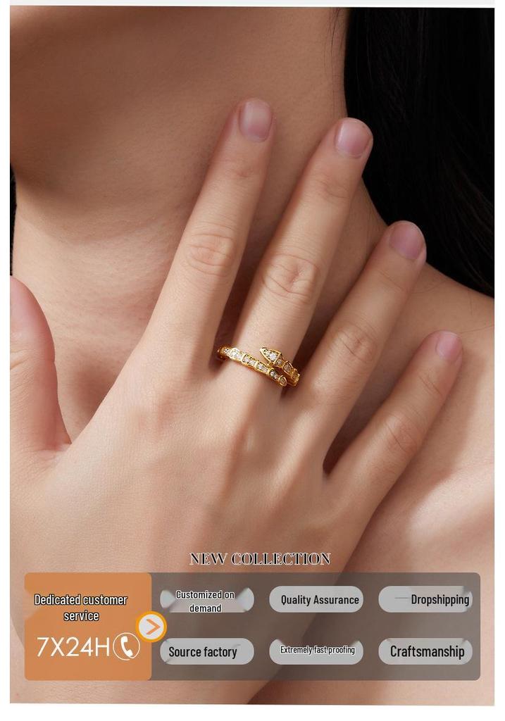 S925 Sterling Silver Moissanite Snake Bone Ring - Women's Classic Luxury Design
