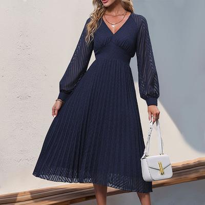 Women's Fashion Spring Fall Solid Color Print Long Sleeve V-Neck Casual Dresses