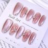 Pure Desire Cat Eye Press-On Nails: Medium Nude Pink with Rhinestones, Magic Mirror Powder, and Glitter