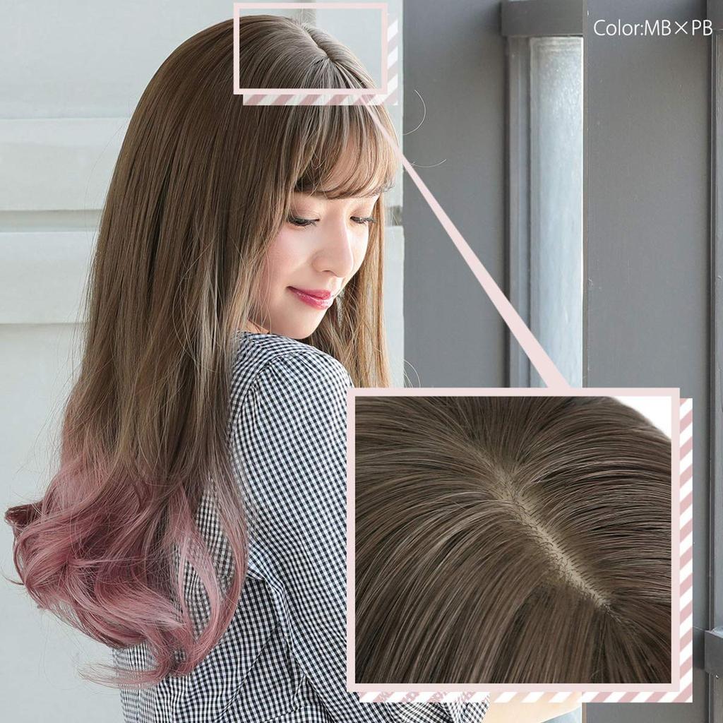 AQUADOLL Long Full Wig with Gradient Curls, Pink, Black, and Blonde Hair, Free Size, SBR. See-Through Brown (wg304SBR)