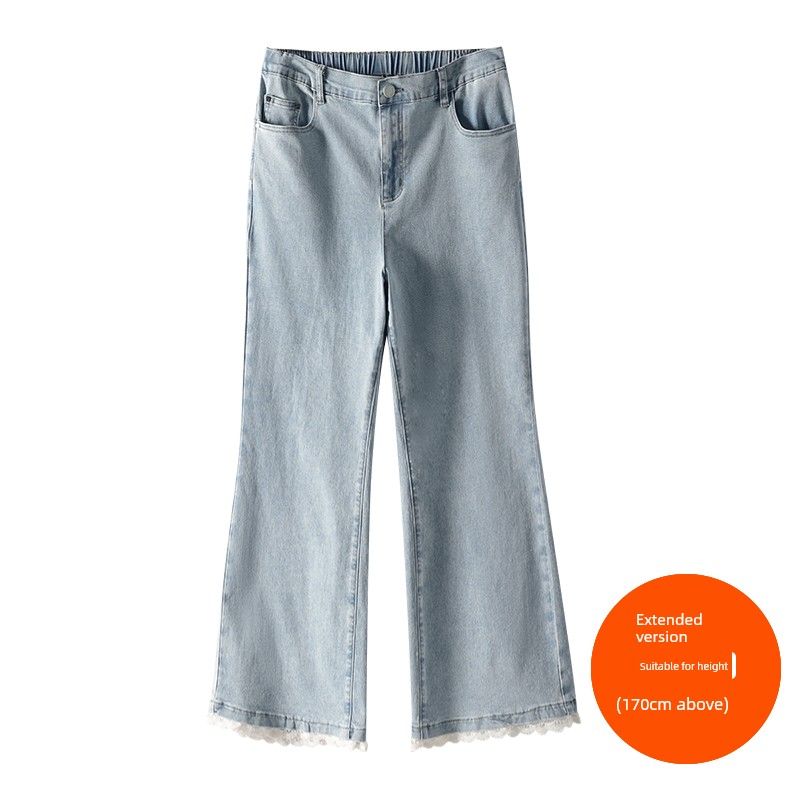 

Plus size women clothing [Super Slimming Bootleg Pants] Three Pants Length Summer Slimming Lace Stitching Stretch Jeans Light blue (above 170cm) 42