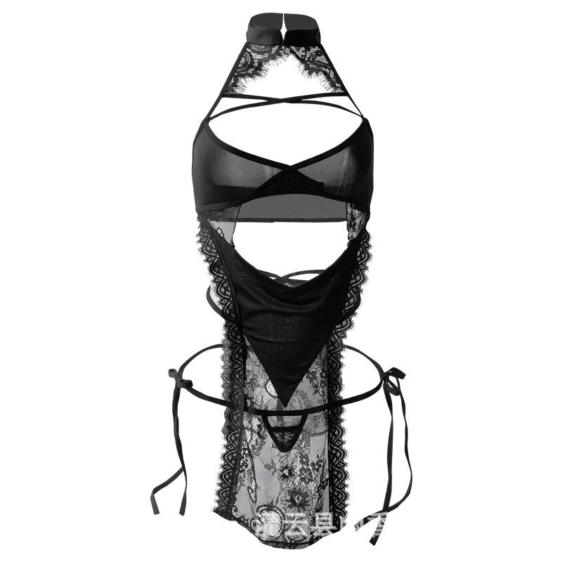 Sexy lingerie perspective neck strap lace cheongsam