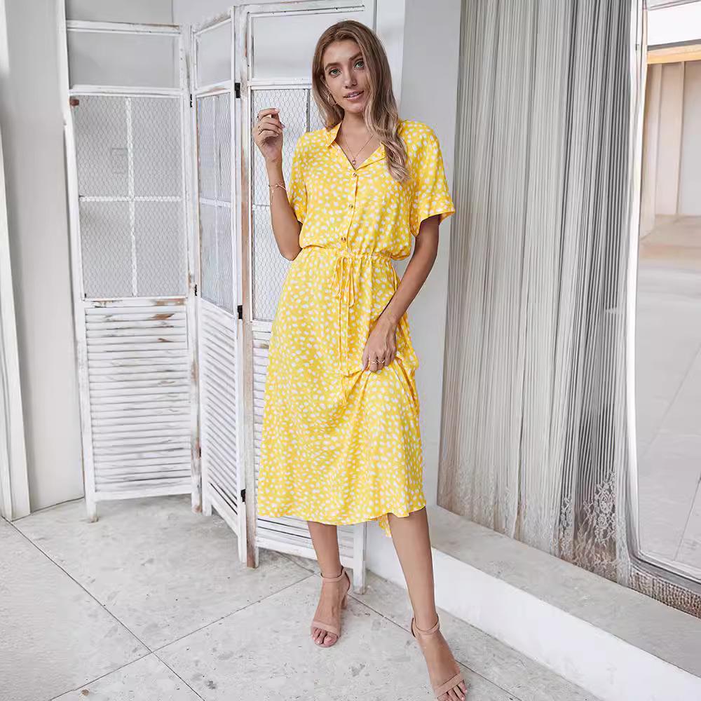 Vestido Midi de Manga Corta de Lunares Europeo y Americano - Moda de Verano 2025 para Mujer