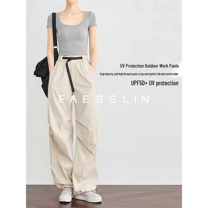 FAESSLIN Women s Quick-Dry Wide-Leg Cargo Pants L