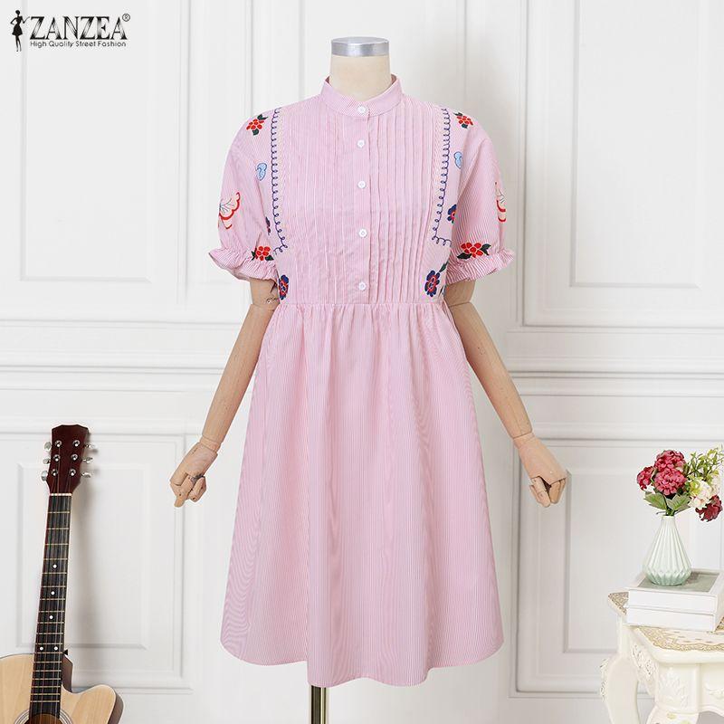 ZANZEA Summer Women Casual Stand Collar Print Short Sleeve Long Dress