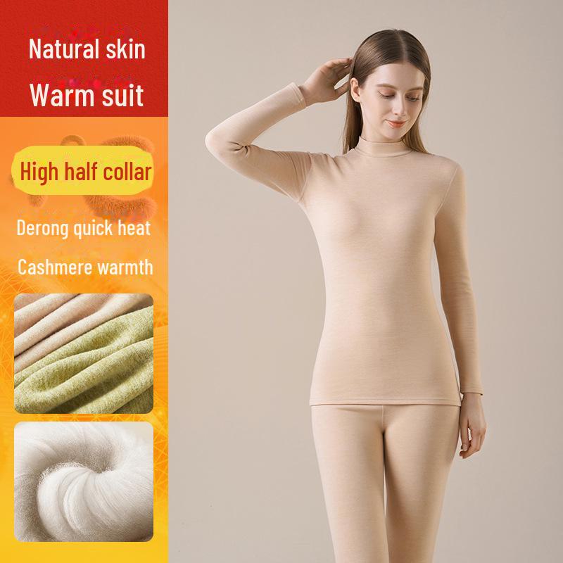 Set de lenjerie termică din mătase de cașmir pentru damă, cu guler mijlociu-înalt, catifea germană care absoarbe umezeala, plus fund de catifea, pentru toamnă și iarnă.