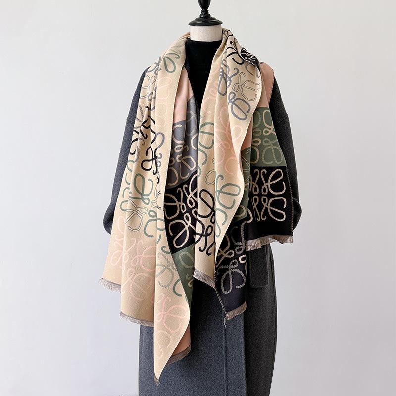 Autumn And Winter Line Pattern Scarf Women'S Warm Square Color Matching Imitation Cashmere Scarf Double-Sided Jacquard Air Conditioner Shawl