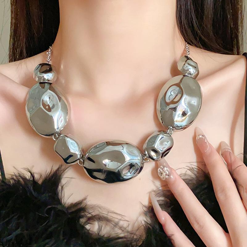Exaggerated Wrinkle Metal Earrings for Women Hyperbole Retro Irregular Geometric Large Necklace Korean New Hiphop Jewelry Set