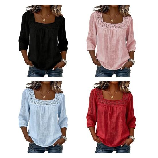 Camicetta da Donna Scollo Quadrato Manica 3/4 Colore Unico Casual Vestibilità Larga Pizzo Intrecciato Estiva Traspirante Top