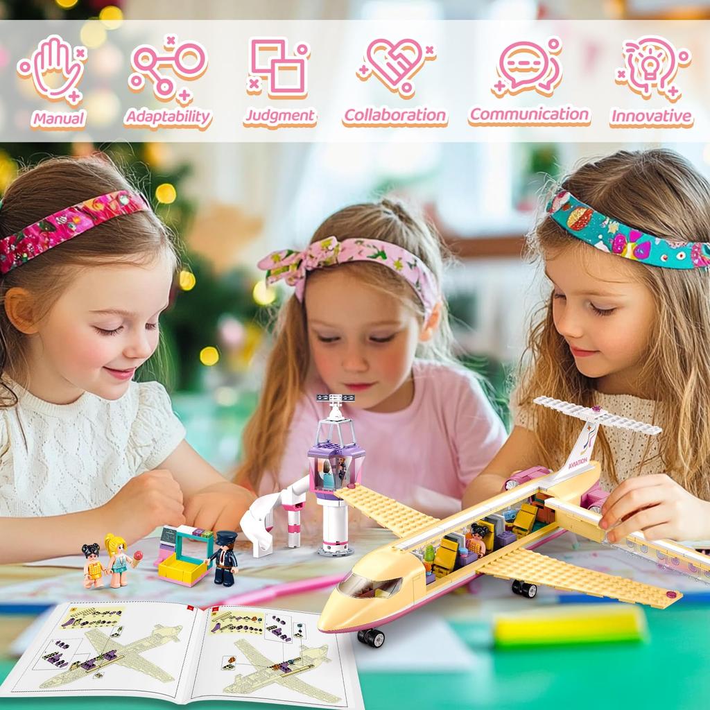 Non-Toxic 383Pcs Holiday Airplane Building Blocks Dream Pink Plane Model Bricks Creative Desktop Deco Educational Diy Toys For Kids Gifts