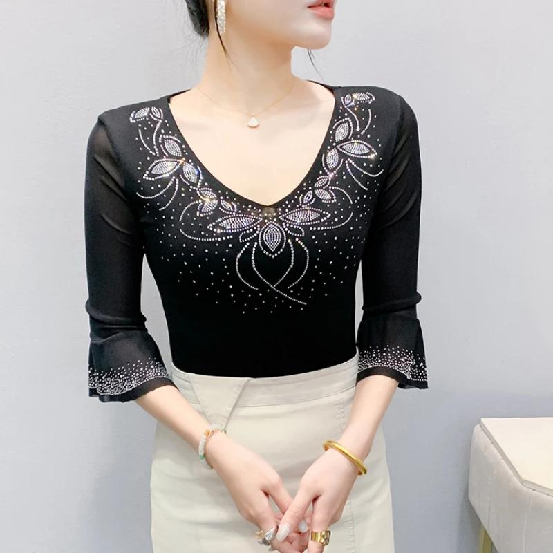 Summer Streetwear Women's Tops Shirt Elegant Slim V-Neck Hot Diamonds Mesh T-Shirt Flare Sleeve Slim Tees
