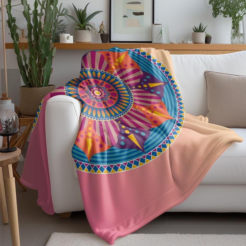 Colorful Mandala Print Fleece Blanket Bohemian Psychedelic Geometric Throw Blanket Home Decor Gift