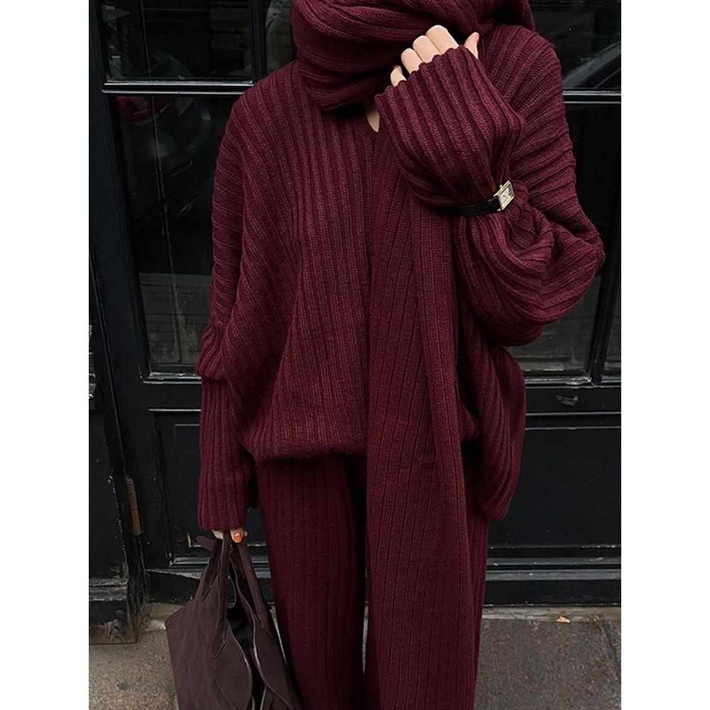 Autumn and Winter Wool Suit Women's Autumn and Winter High-end Sense Solid Color V-neck Sweater Straight Trousers Two-piece Set Women