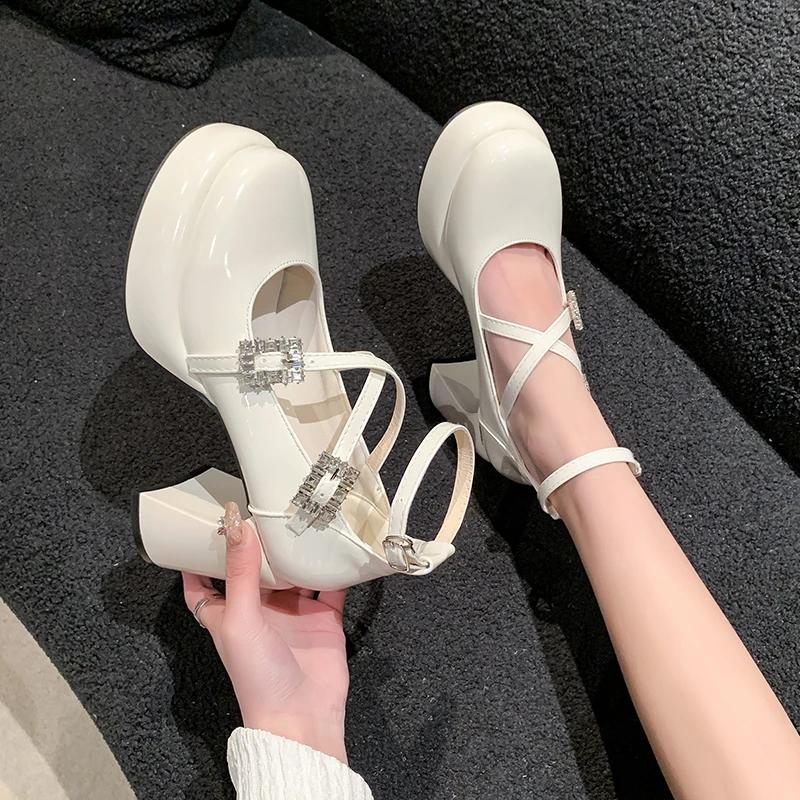 Modne Kryształowe Buty na Wysokim Obcasie Słodkie Eleganckie Buty Mary Jane Kobiety 2024 Nowa Wiosna Seksowne Czółenka na Imprezę do Sukienki Damskie Płytkie Buty Lolita