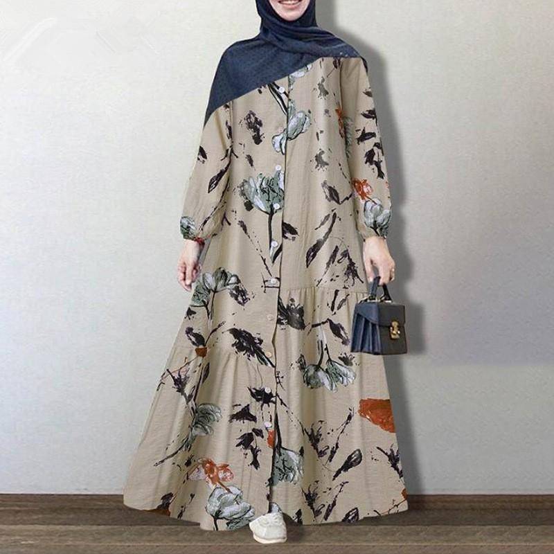 Damen Plus Size Baumwoll-Leinen Langarm Locker Floral Maxikleid 2026 Süß Lässig A-Linie Rock