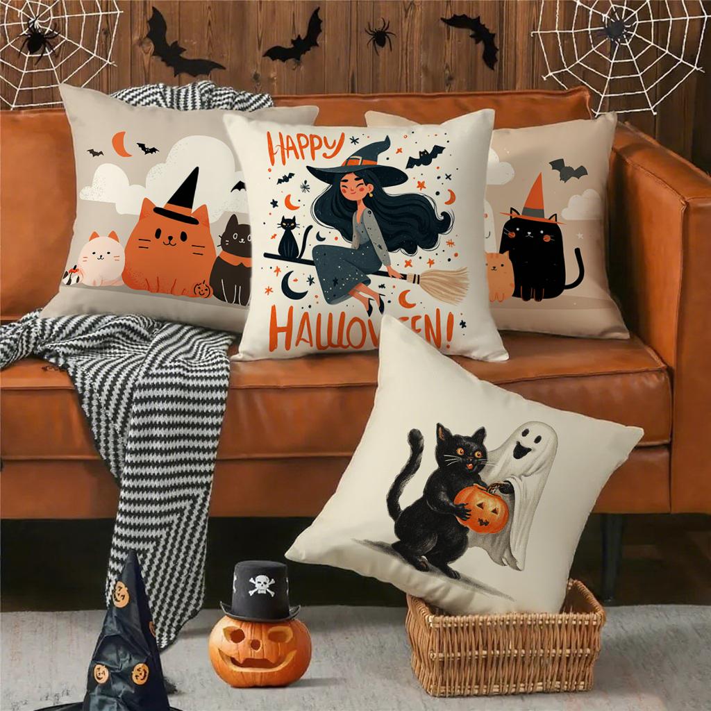 Halloween Cats and Witch Pattern PillowcaseSuitable for Sofa Car Bedroom Decorative Cushion Cover Pillow Cover