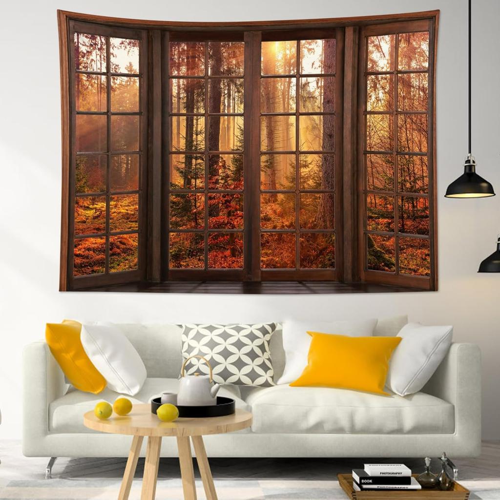 Fall Forest Tapestry Red Maple Leaves Woodland Tapestries for Bedroom Aesthetic Brown Window Nature Landscape Tapestry Hanging