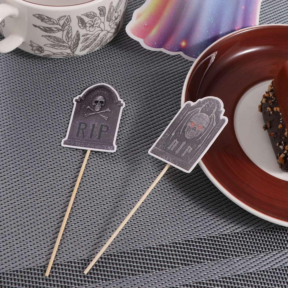 8pcs Paper Halloween Tombstone Cupcake Toppers Scary Cake Sign Dessert Table Decoration