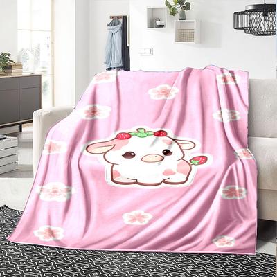 1pc Cow Strawberry Blanket Lightweight Flannel Throw for Sofa Bed Travel Camping Livingroom Office Couch Chair