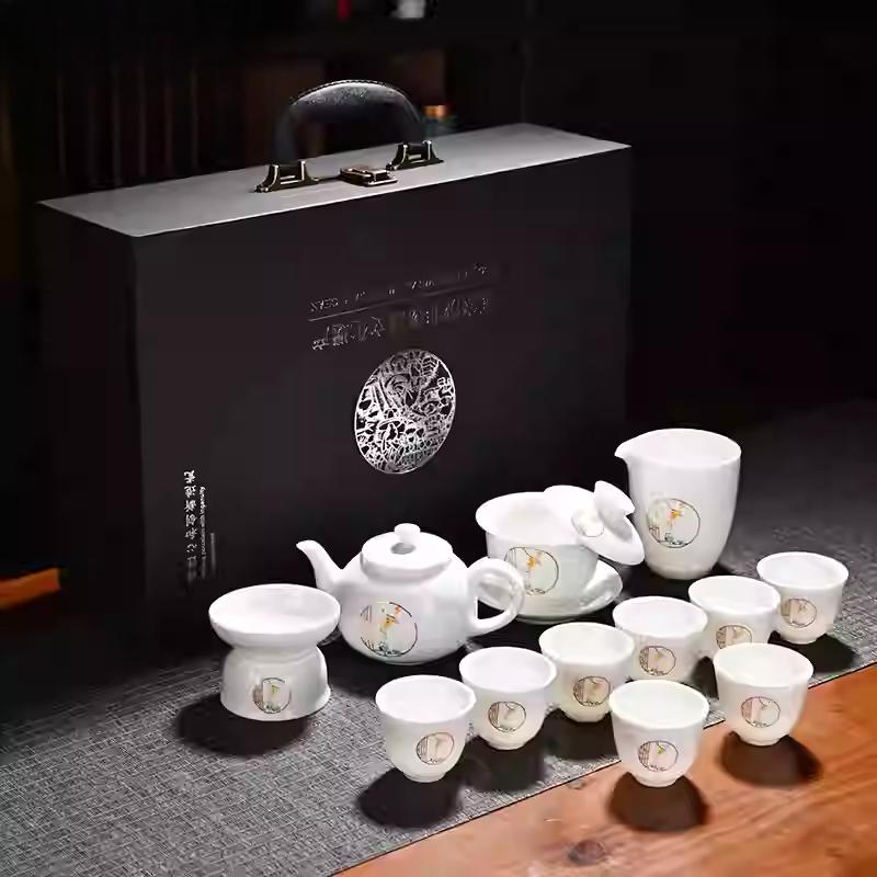 Goat Jade Tea Set Kung Fu Set Chinese Light Luxury Tea Calendars Teacups Office White Porcelain Teapot Covered Bowl Set