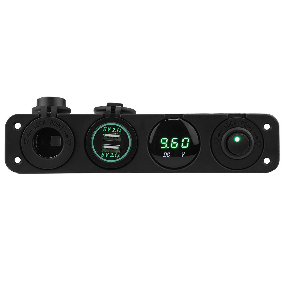 12 24V Green LED Dual USB Charger Voltmeter Cigar Lighter Power Outlet 4 Hole Panel Switch