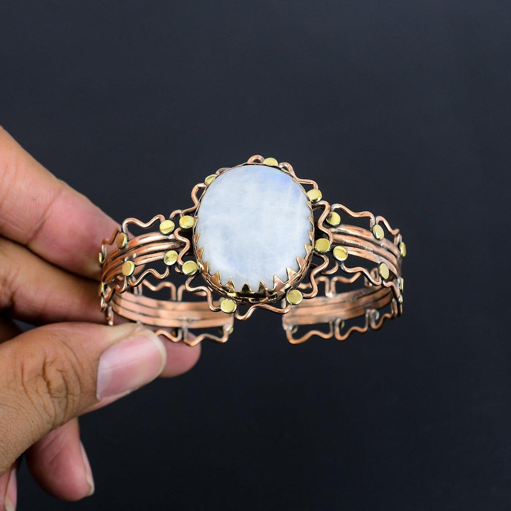 Rainbow Moonstone Handmade Gemstone Bracelet, 999 Copper Wire Wrapped Antique Jewelry Bracelet, For Engagement Gift