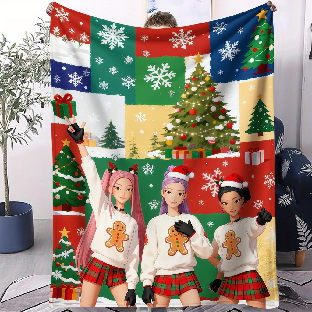 Cartoon K Pop Demon Hunters Theme Flannel Blanket Warmth Multifunctional Decorative Universal Blanket Christmas Warm Blankets